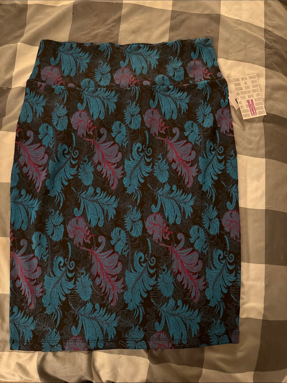 LuLaRoe Black Pencil Skirt with Blue & Purple Floral Jacquard